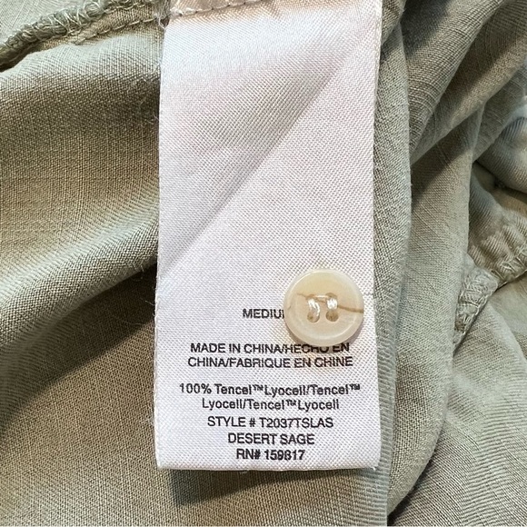 Frayed Sleeveless Open Belly Tank Button Down Olive Green Casual Top MD - Picture 4 of 4